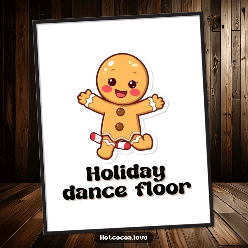 Funny digital art print of a delighted gingerbread cookie character excitedly dancing on a candy cane, perfect for instant holiday decor.