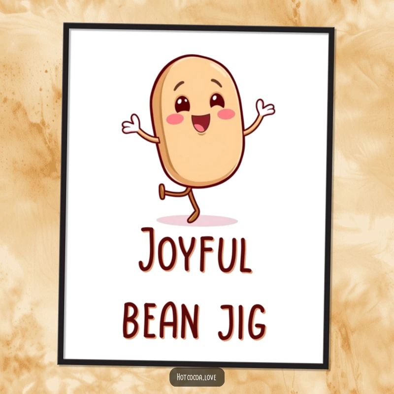 Funny digital art print of a gleeful coffee bean character doing a happy jig, instantly energetic decor, great funny gift.