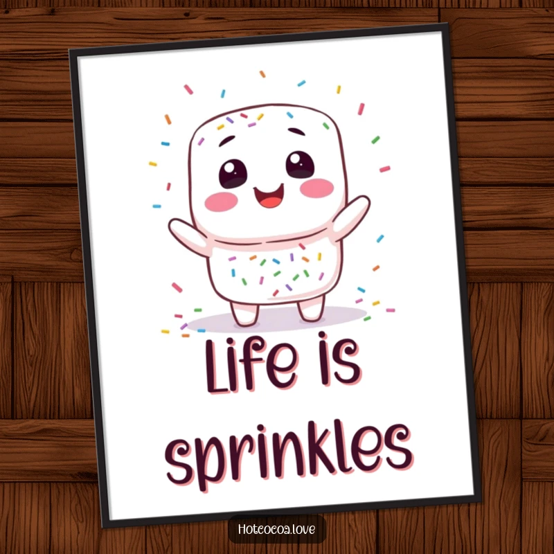 Funny marshmallow juggling digital art print of a smiling marshmallow character playfully tossing colorful sprinkles, perfect for instant wall decor.