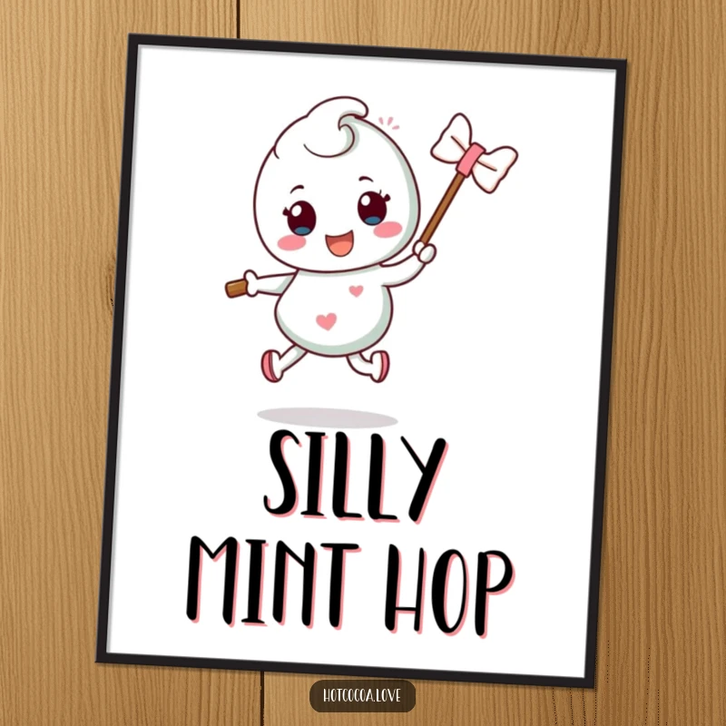 Funny mint candy character with a stick performing a silly hop, a vibrant digital art print for immediate download and display.