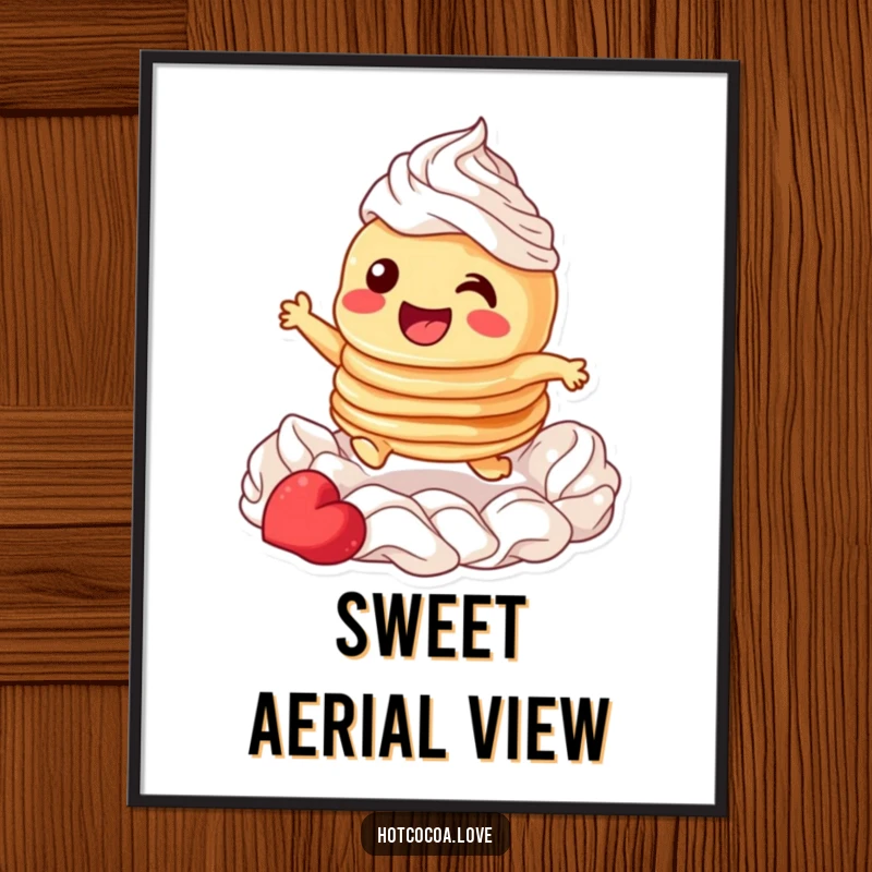 Funny digital art print of a giggling stack of pancakes joyfully leaping through whipped cream, perfect for instant breakfast-themed decor.