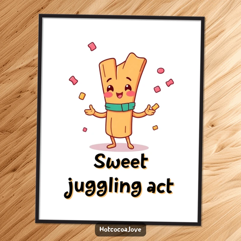 Funny digital art print of a happy cinnamon stick character juggling candy, instantly cheerful decor, great funny gift.