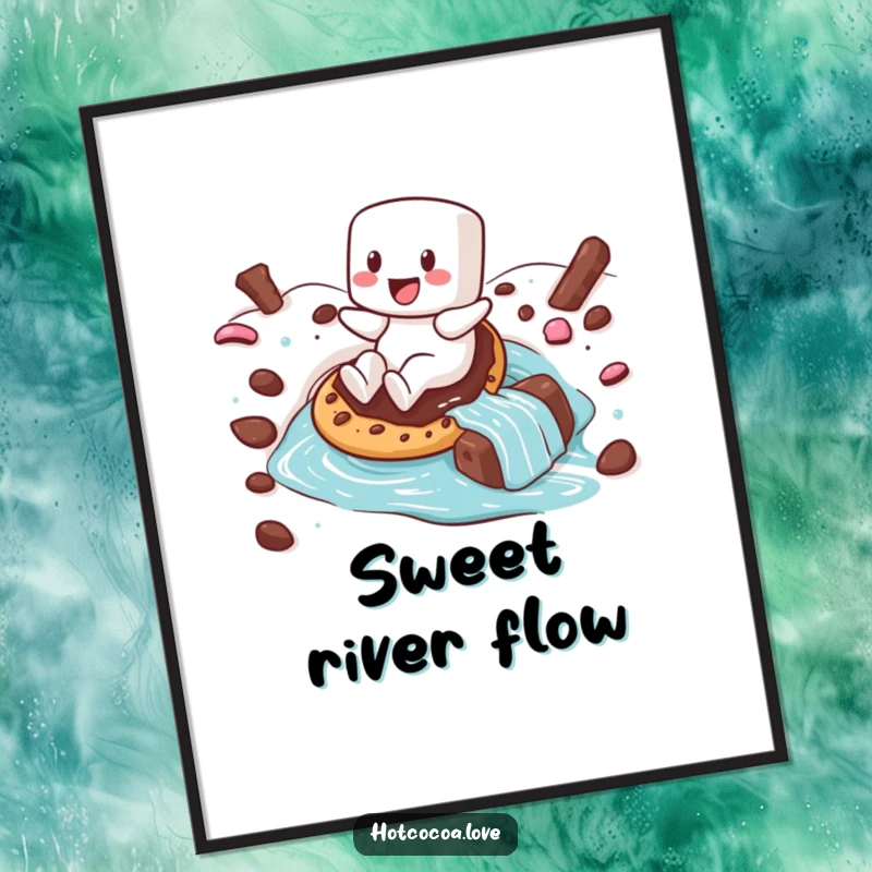 Funny digital art print of a happy marshmallow character sliding down a hot chocolate river on a cookie, ideal for printable decor.