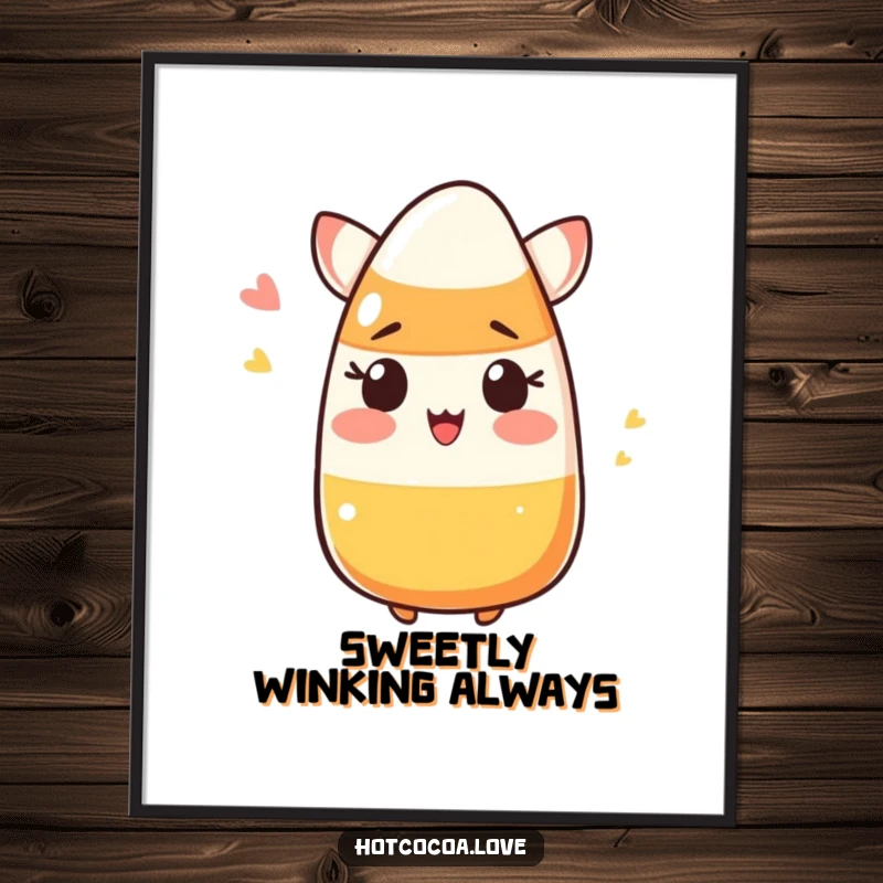 Funny blushing candy corn winking, a charming digital art print for instant humorous Halloween decor.