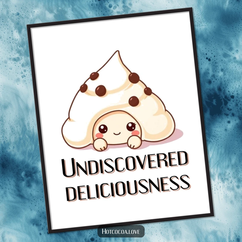 Funny chocolate chip cookie character peeking from cream, a digital art print that adds playful sweetness and humor.