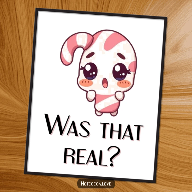 Funny digital art print of a surprised candy cane character doing a comical double take, instant humorous decor, great gift.