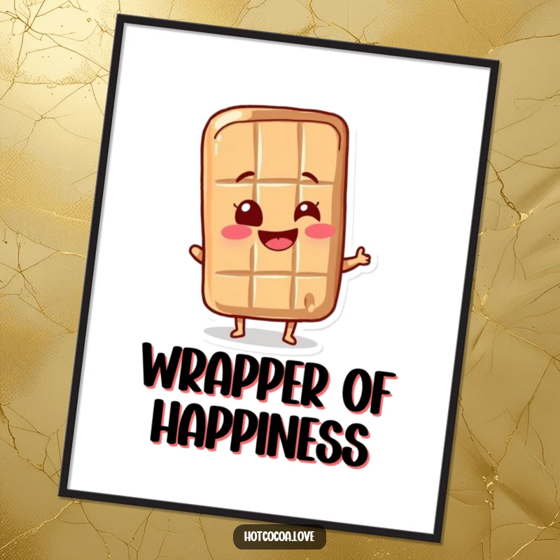 Funny chocolate bar character wiggling its wrapper with delight, a vibrant digital art print for immediate download and display.