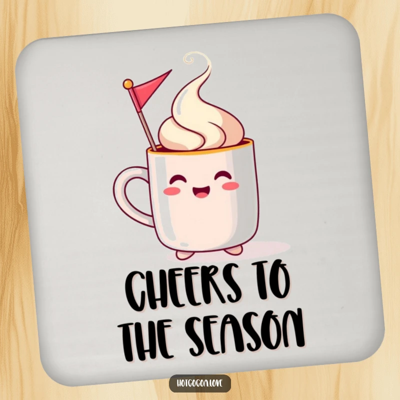 Funny steaming mug character waving a festive flag on drink coasters, adding holiday humor to tabletops.