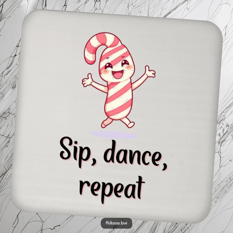 Funny drink coaster featuring a happy candy cane character dancing, bringing festive holiday cheer and surface protection.