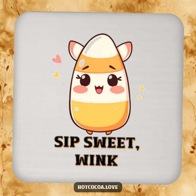 Funny blushing candy corn winking, a humorous drink coaster for protecting surfaces with a Halloween smile.