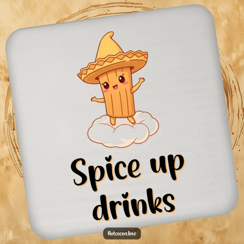 Funny drink coasters showing a cinnamon stick in a sombrero dancing on whipped cream, adding festive flair to tables.