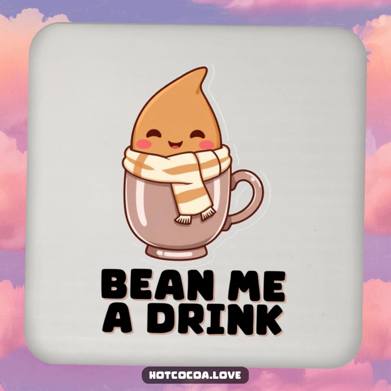 Funny drink coaster featuring a smiling cocoa bean character wearing a tiny scarf, peeking from a mug, adding warm decor.