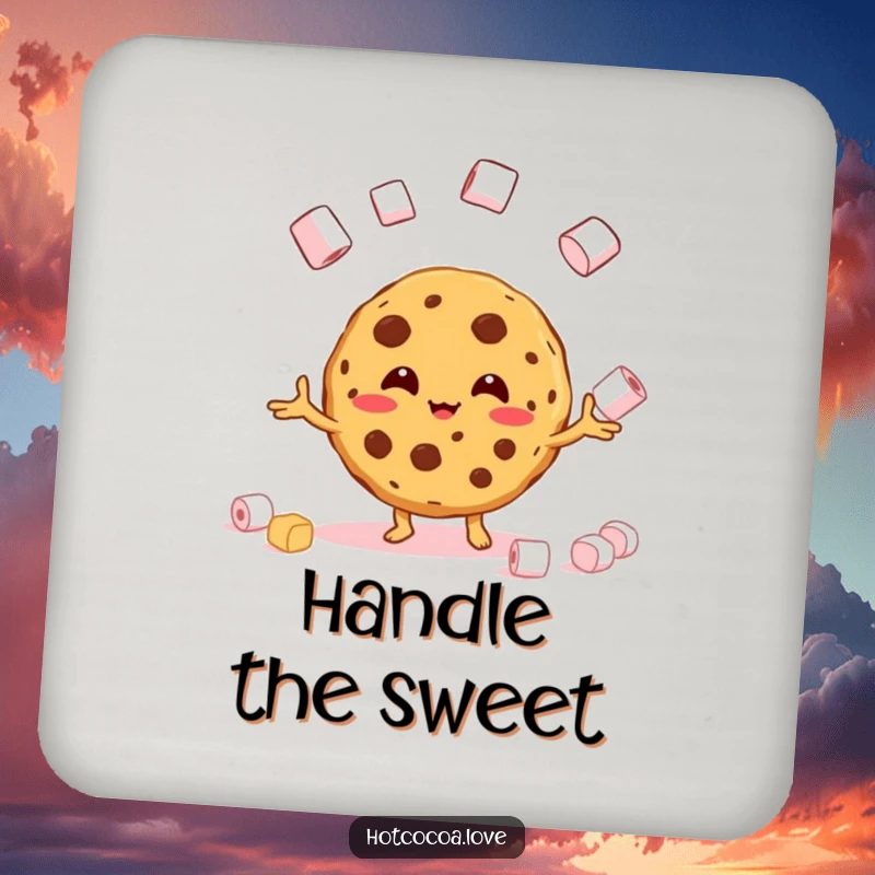 Funny drink coaster with a beaming cookie character juggling marshmallows, a charming and humorous accessory.