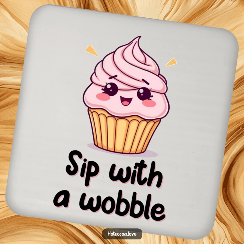 Funny bewildered cupcake with askew frosting, a humorous drink coaster for protecting surfaces with a dessert smile.