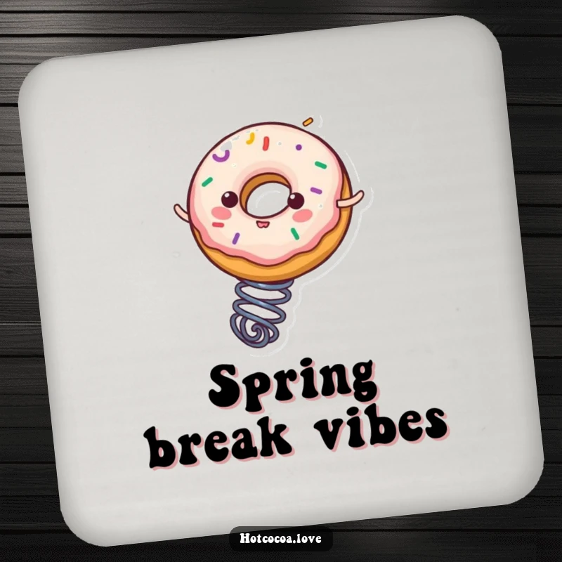 Funny donut character with sprinkles energetically bouncing on a spring, featured on a drink coaster, adding a humorous touch.