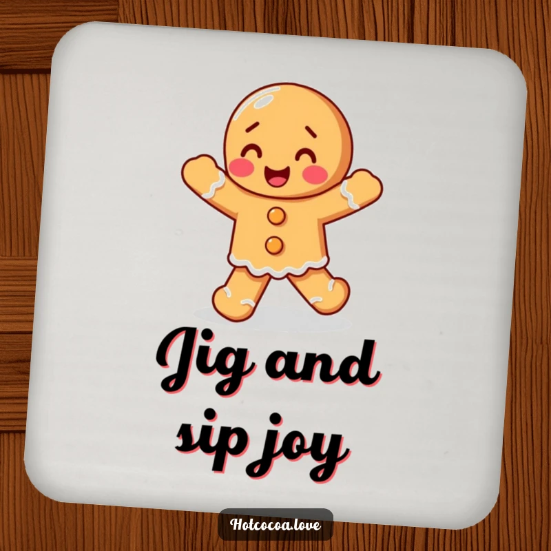 Funny delighted gingerbread person doing a happy jig, featured on a drink coaster, adding a festive and humorous touch.