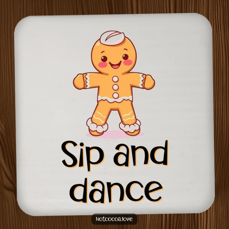 Funny drink coasters showing a gingerbread man character dancing silly, with whipped cream legs, adding sweetness to tables.