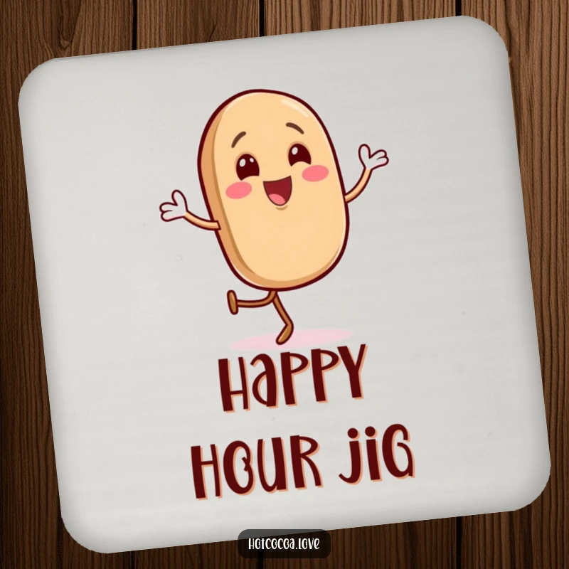 Funny coaster with a gleeful coffee bean character doing a happy jig, protecting surfaces with energy, perfect gift.