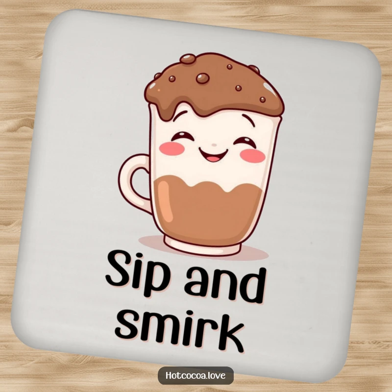 Funny grinning hot chocolate mug mugging for the camera, a humorous drink coaster for protecting surfaces with a smile.