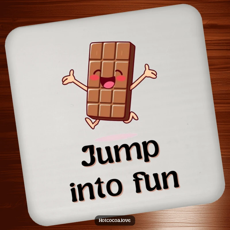 Funny coaster with a jolly chocolate bar character jumping for joy, protecting surfaces with sweetness, perfect gift.