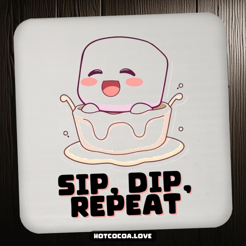 Funny drink coaster depicting a laughing marshmallow character mid-dunk into creamy liquid, protecting surfaces with humor.