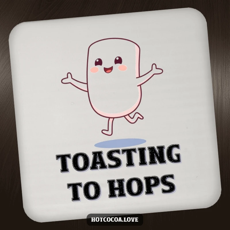 Funny drink coaster featuring a smiling marshmallow character hopping excitedly with arms outstretched. Sweet table protection.