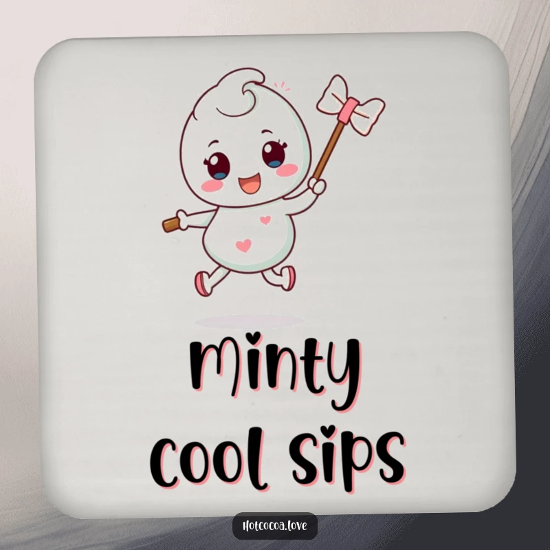 Funny mint candy character with a stick performing a silly hop, featured on a drink coaster, adding a refreshing and humorous touch.