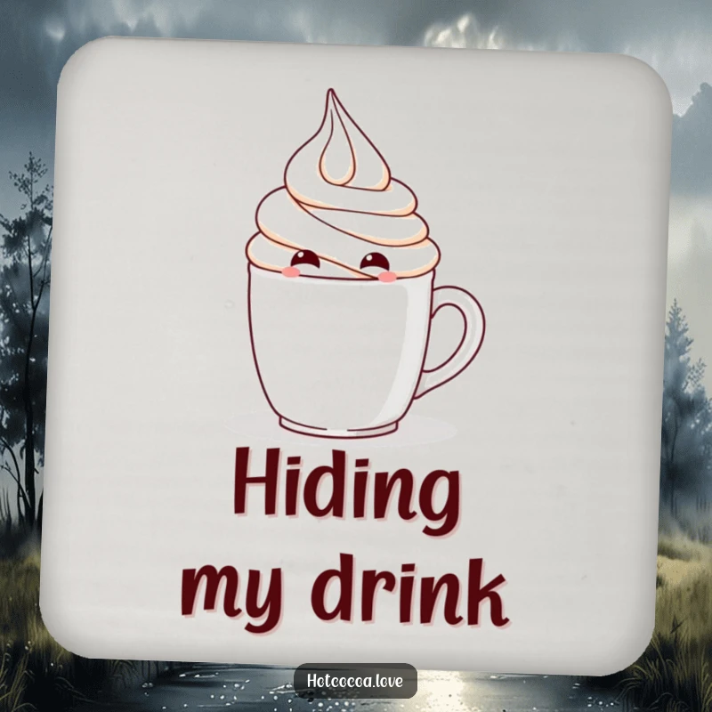 Funny coaster with a mischievous whipped cream character hiding, protecting surfaces with charm, perfect gift.