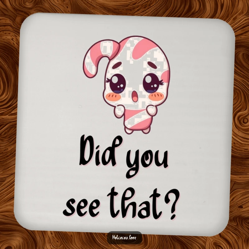 Funny coaster with a surprised candy cane character in a comical double take, protecting surfaces with humor, perfect gift.