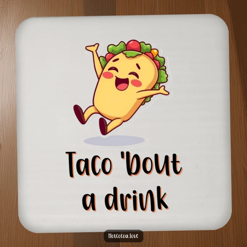 Funny taco cartwheel drink coasters showcasing a cheerful taco character doing a cartwheel, perfect for adding fiesta humor.
