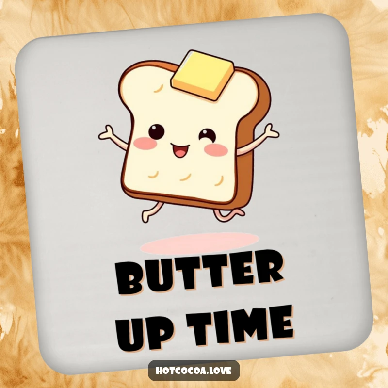 Funny drink coaster featuring a giggling piece of toast with legs dancing with a butter pat. Humorous table protection.
