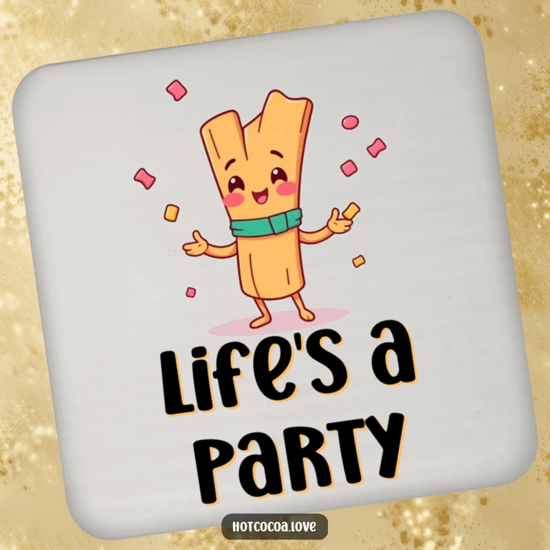 Funny coaster with a happy cinnamon stick character juggling candy, protecting surfaces with cheer, perfect gift.