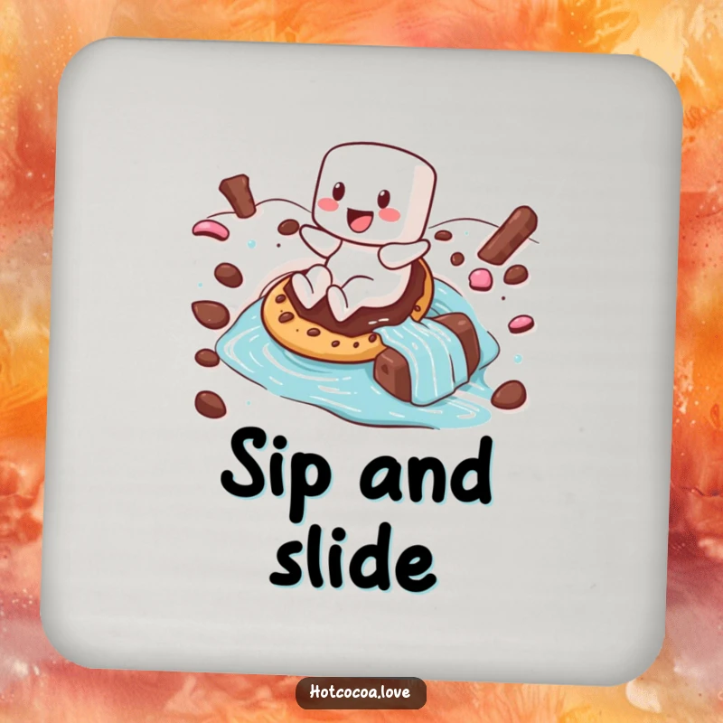 Funny drink coaster featuring a happy marshmallow character sliding down a hot chocolate river on a cookie, adding sweet decor.