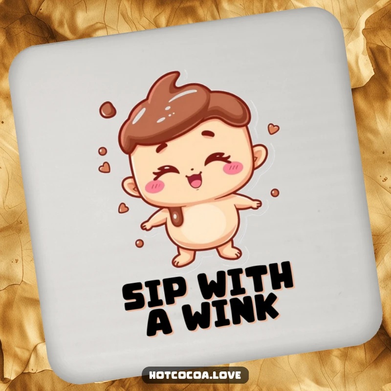 Funny drink coaster featuring a playful anthropomorphic hot chocolate character winking, protecting surfaces with humor.
