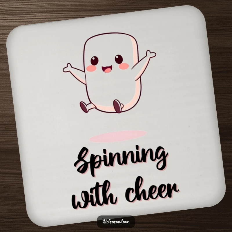 Funny drink coaster featuring a cute marshmallow character mid-cartwheel, adding playful protection and cheer to tabletops.