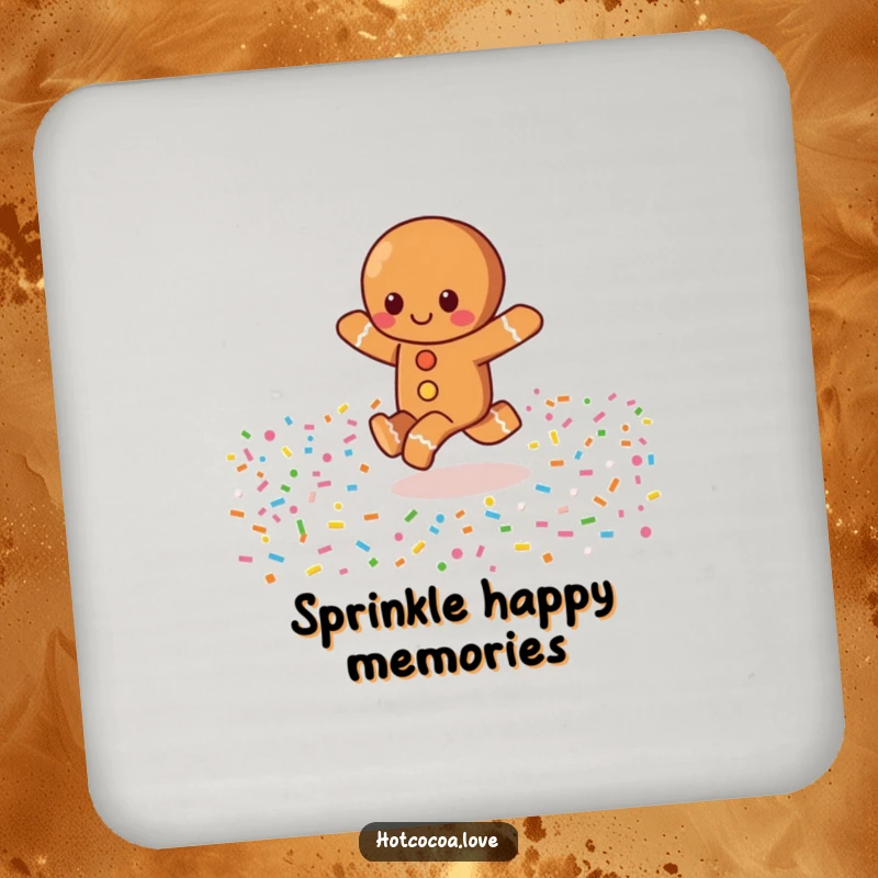 Funny drink coaster depicting a happy gingerbread character skipping through a field of sprinkles, protecting surfaces with sweet fun.