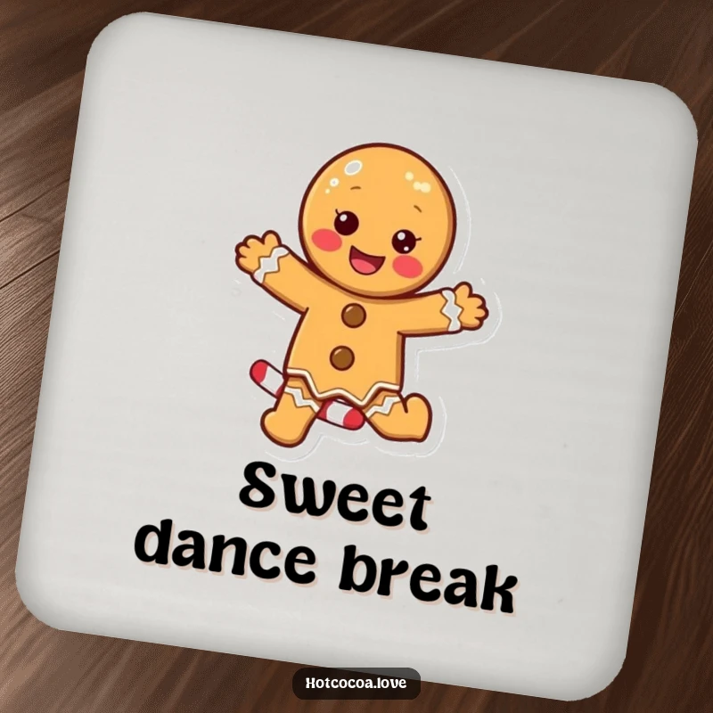 Funny drink coaster showing a delighted gingerbread cookie character excitedly dancing on a candy cane, adding festive charm.
