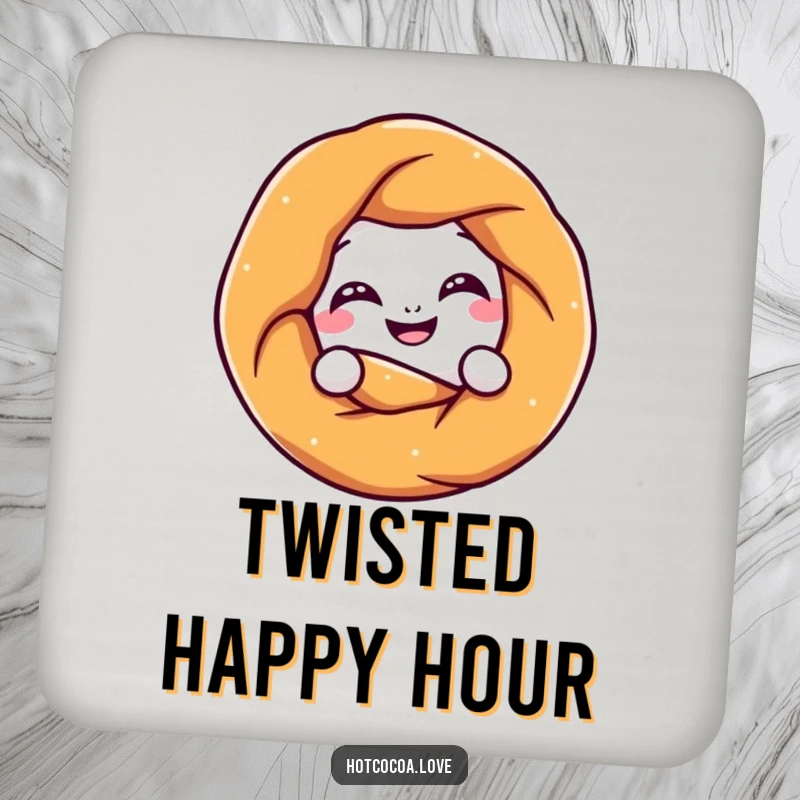 Funny pretzel character playfully twisting into a knot with a grin, featured on a drink coaster, adding a delightfully humorous touch.