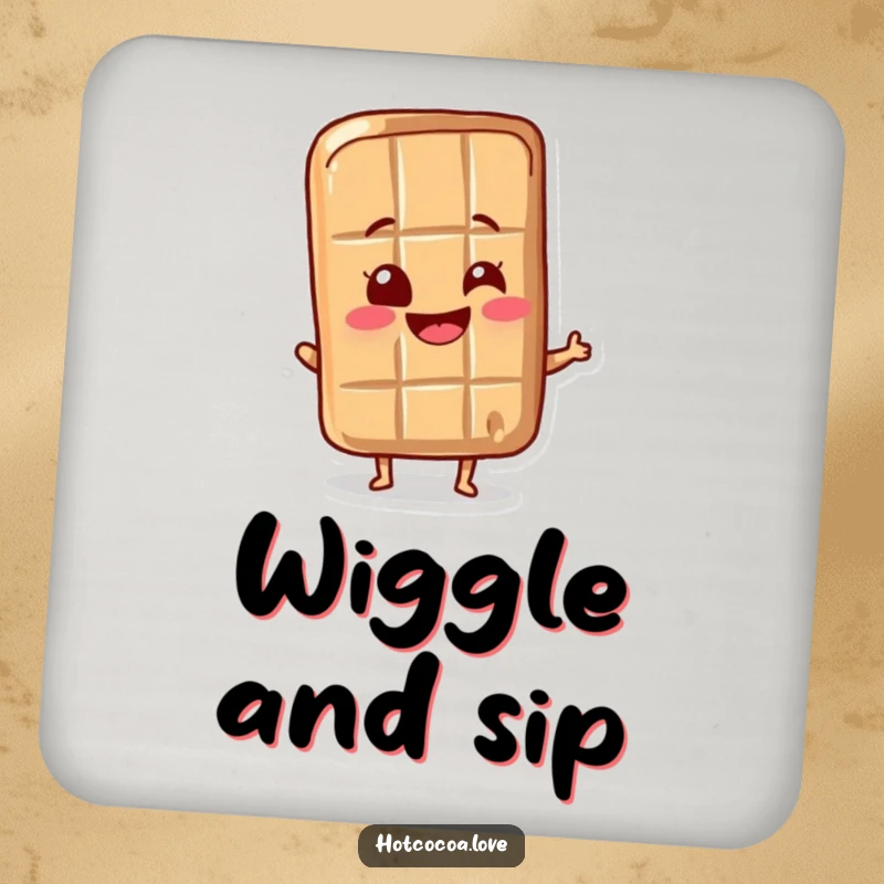 Funny chocolate bar character joyfully wiggling its wrapper, featured on a drink coaster, adding a sweet and humorous touch.