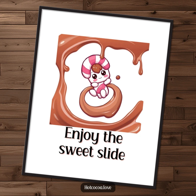 Funny poster capturing a candy cane character's joyful slide down a luscious chocolate syrup swirl, embodying holiday celebration.