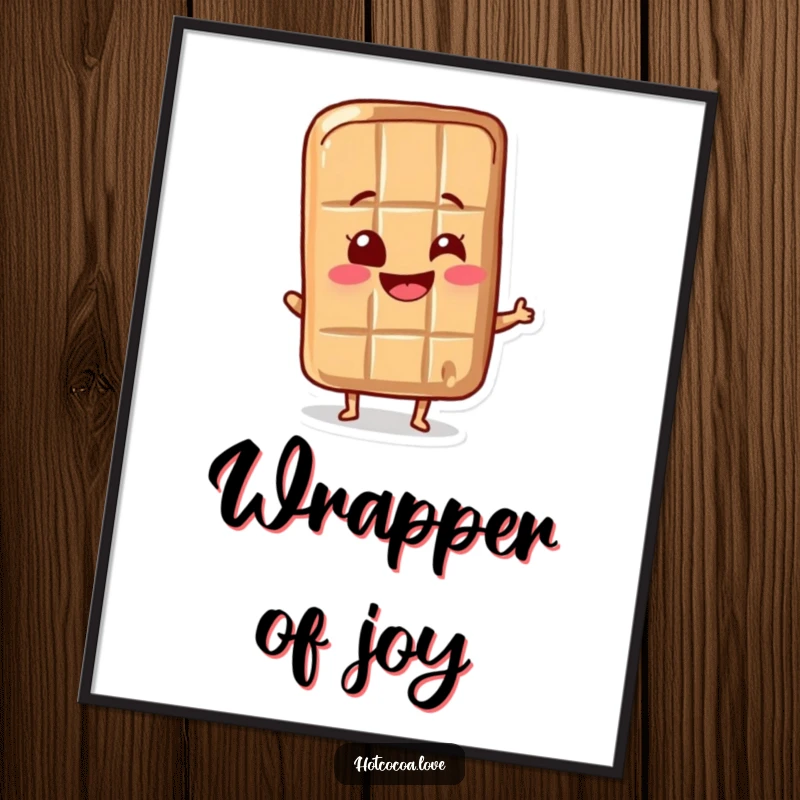 Funny chocolate bar character wiggling its wrapper with delight, a colorful and humorous poster perfect for wall decor.