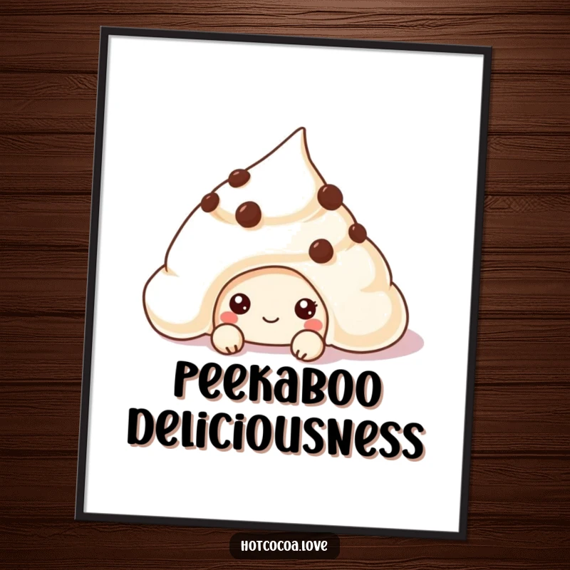 Funny chocolate chip cookie character peeking from creamy fluff on a poster, adding playful and sweet humor to decor.