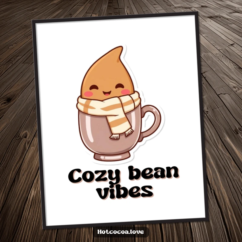 Funny poster showing a smiling cocoa bean character wearing a tiny scarf, peeking from a mug, perfect for cozy decor.