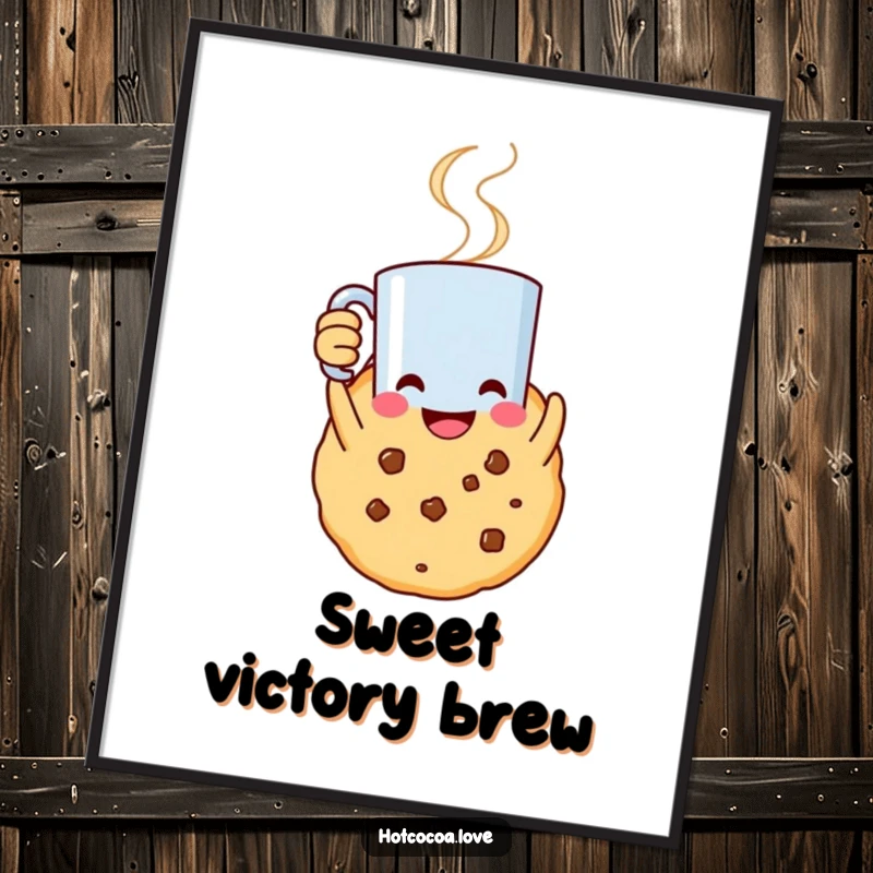 Funny poster art of a smiling cookie character triumphantly holding a steaming mug aloft, celebrating with joy.