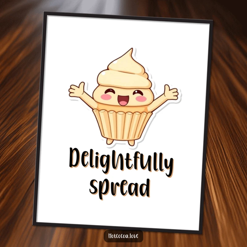 Funny poster of a delighted cupcake character with arms spread wide open, radiating pure joy and sweet celebration.