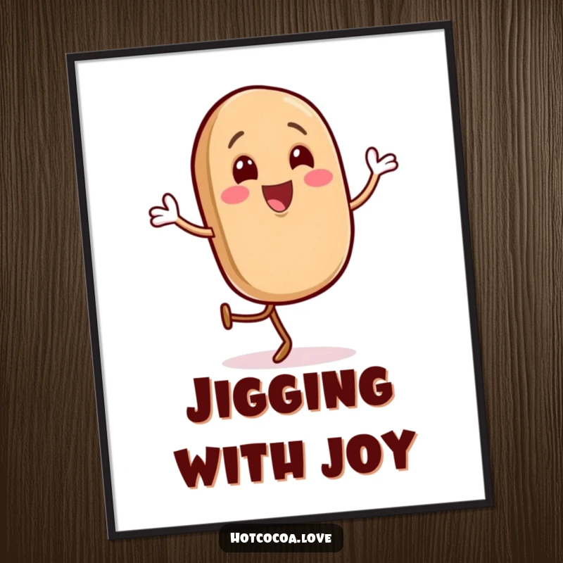 Funny poster of a gleeful coffee bean character doing a happy jig, energetic wall art, perfect funny gift.