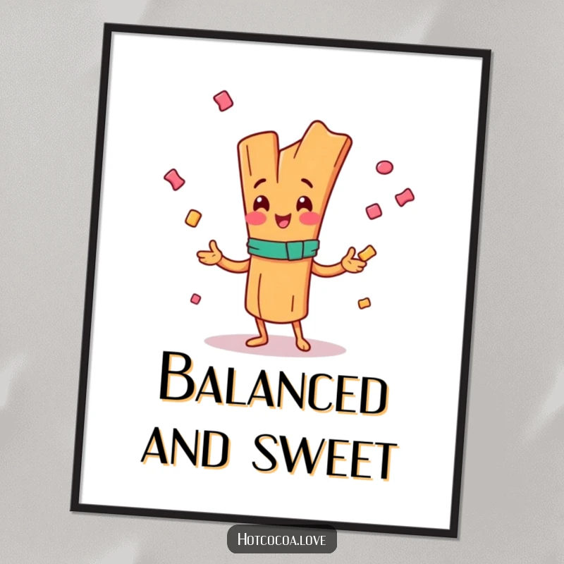 Funny poster of a happy cinnamon stick character juggling candy, vibrant wall art, perfect funny gift.