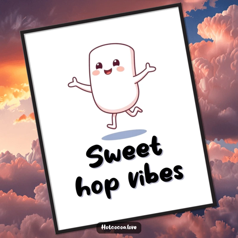 Funny poster showing a smiling marshmallow character hopping excitedly with arms outstretched. Sweet and joyful wall art.