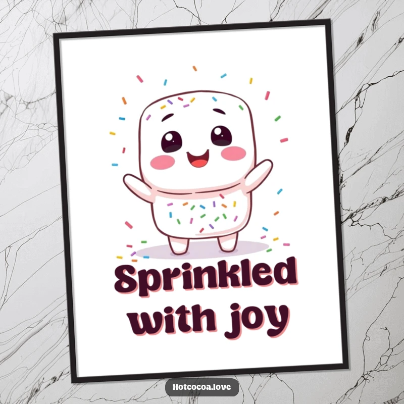 Funny marshmallow juggling poster featuring a smiling marshmallow character playfully tossing colorful sprinkles, radiating sweetness and fun.