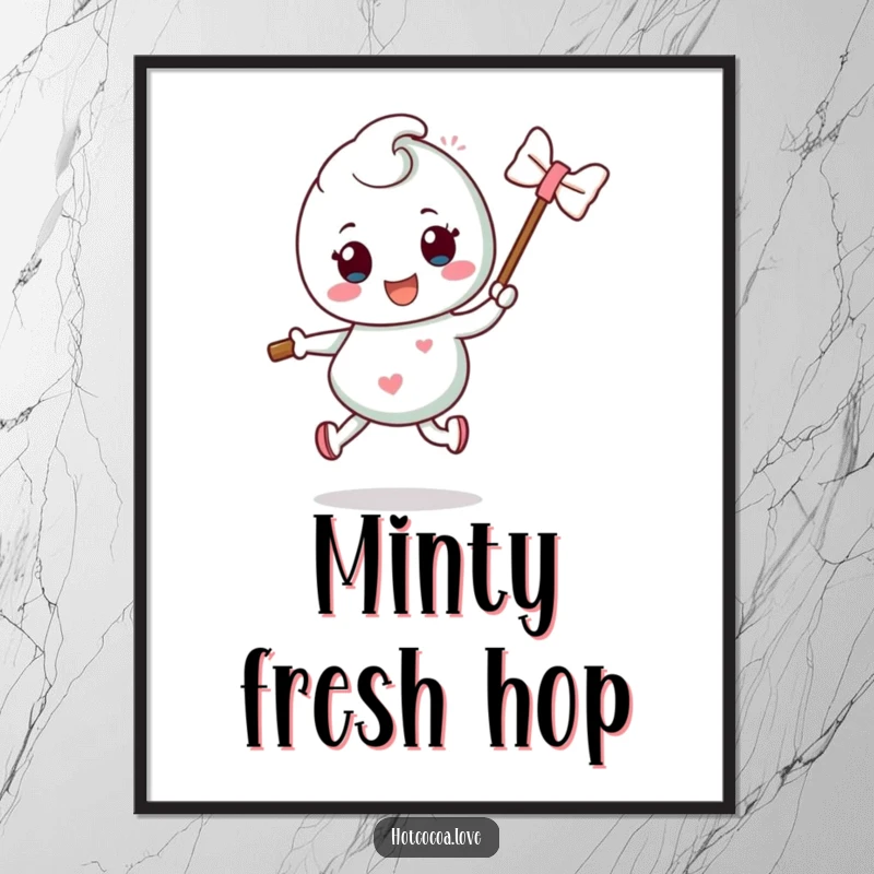 Funny mint candy character with a stick performing a silly hop, a colorful and humorous poster perfect for wall decor.